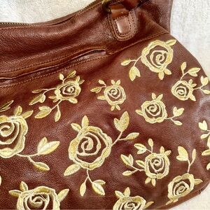 Anthropologie Brown Leather Shoulder Bag Gold Rose Floral Embroidery Archival